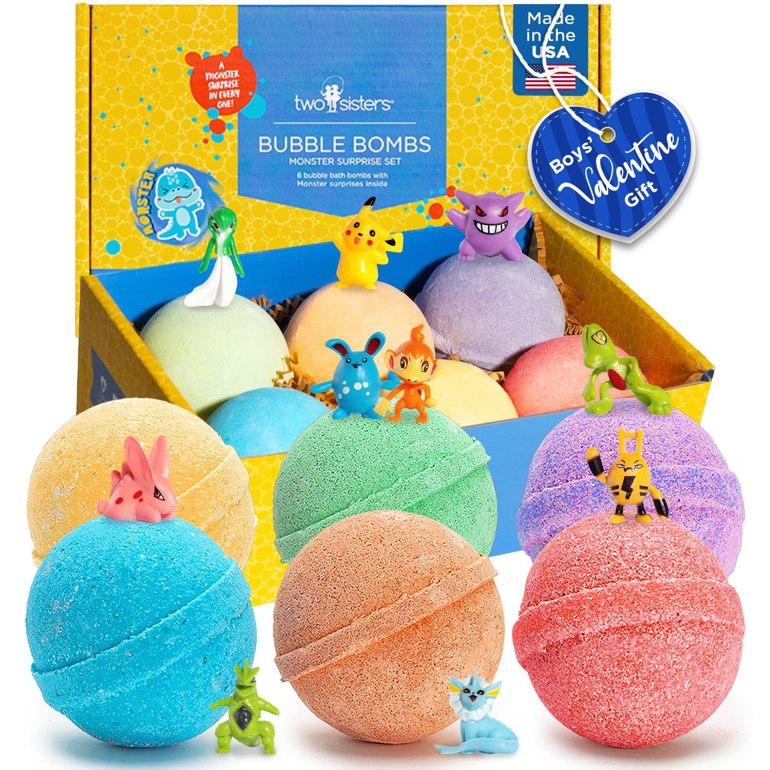 Two Sisters Poke Monster bath bomb with surprise inside for kids' bath time fun.