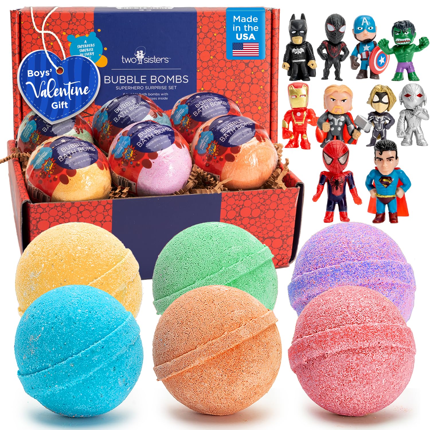 Two Sisters superhero bath bomb reveals toy for kids during bath time.