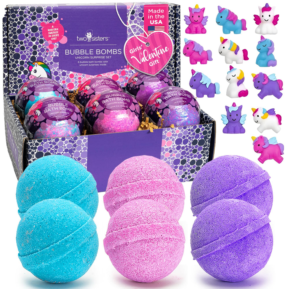 Two Sisters unicorn bath bomb with surprise toy inside, six-pack fun for kids.