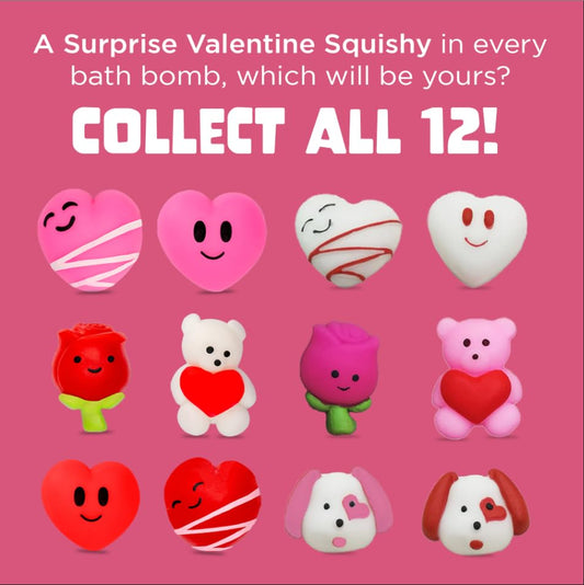 Two Sisters Valentines bath bomb reveals surprise heart toy inside.