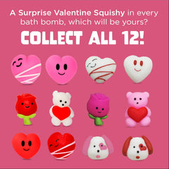 Two Sisters Valentines bath bomb reveals surprise heart toy inside.