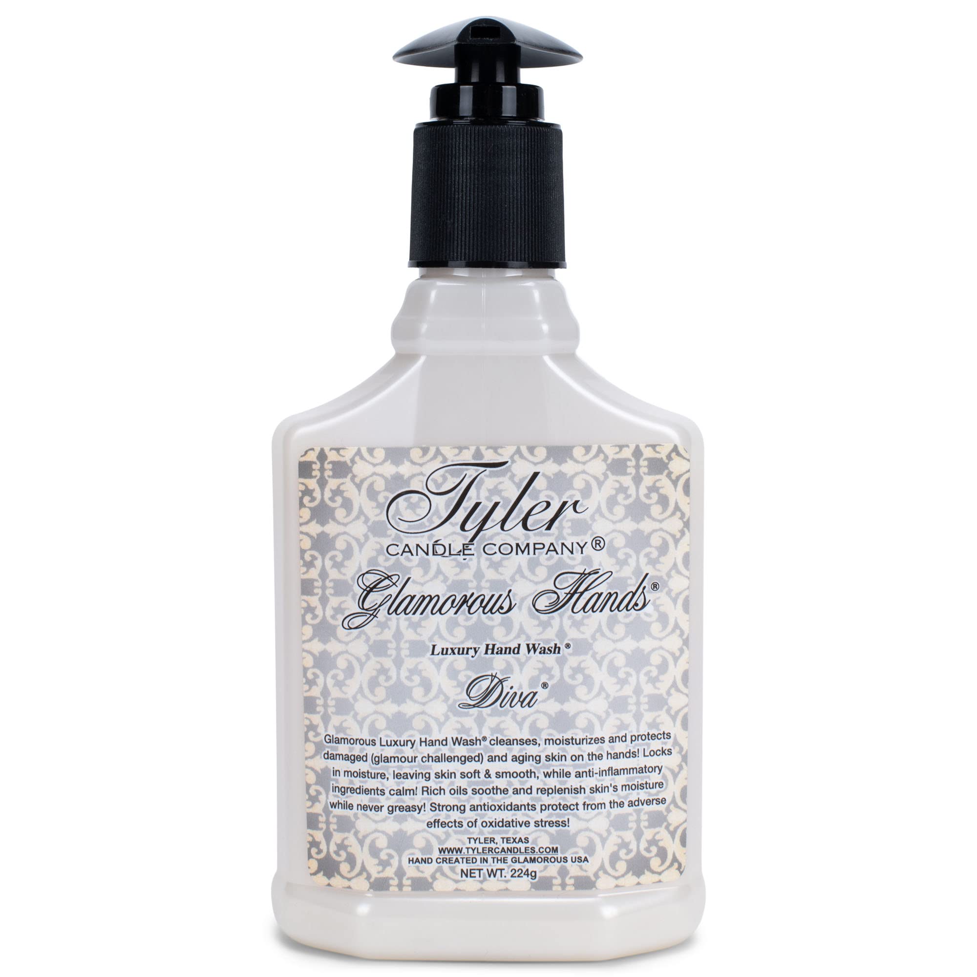 Tyler Glamorous Hands Diva Hand Wash bottle shows a moisturizing cleanse for dry skin
