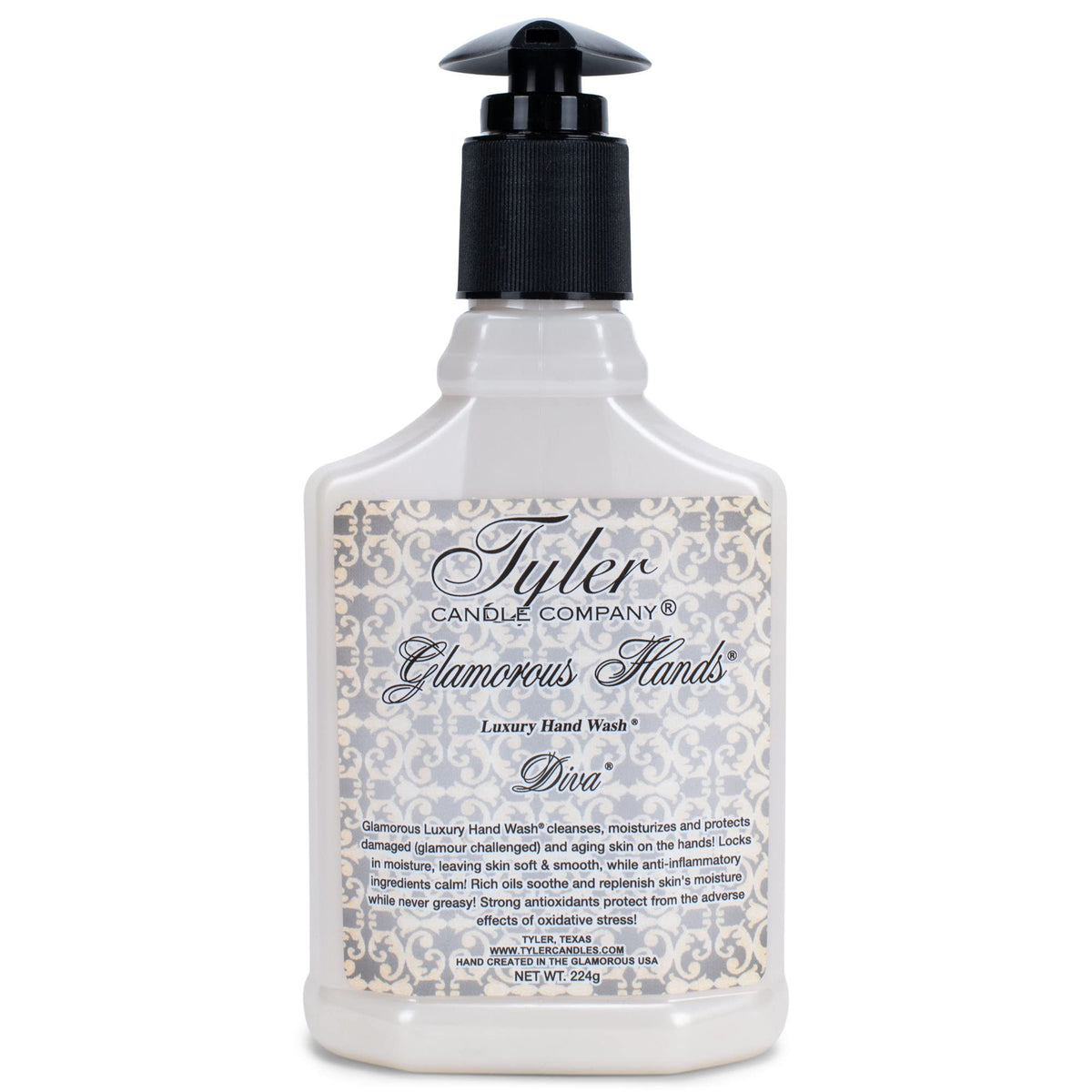 Tyler Glamorous Hands Diva Hand Wash bottle shows a moisturizing cleanse for dry skin