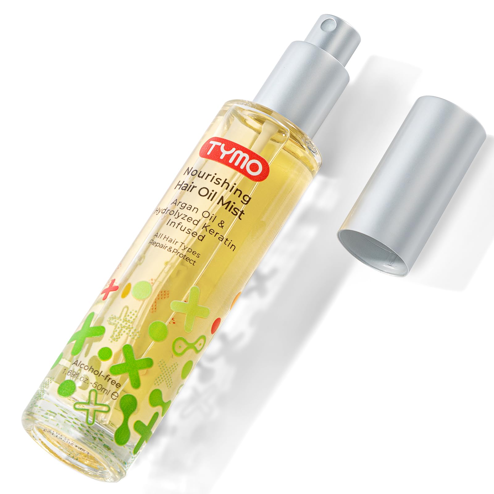 TYMO Argan Hair Oil Spray bottle shows a precise mist for smooth, hydrated locks