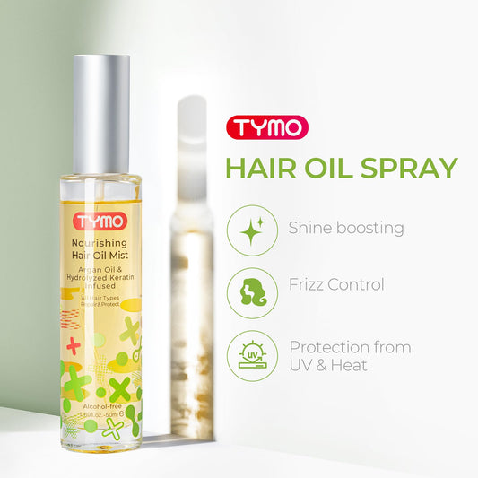 TYMO Argan Hair Oil Spray dispense demonstrates controlled application for frizz management