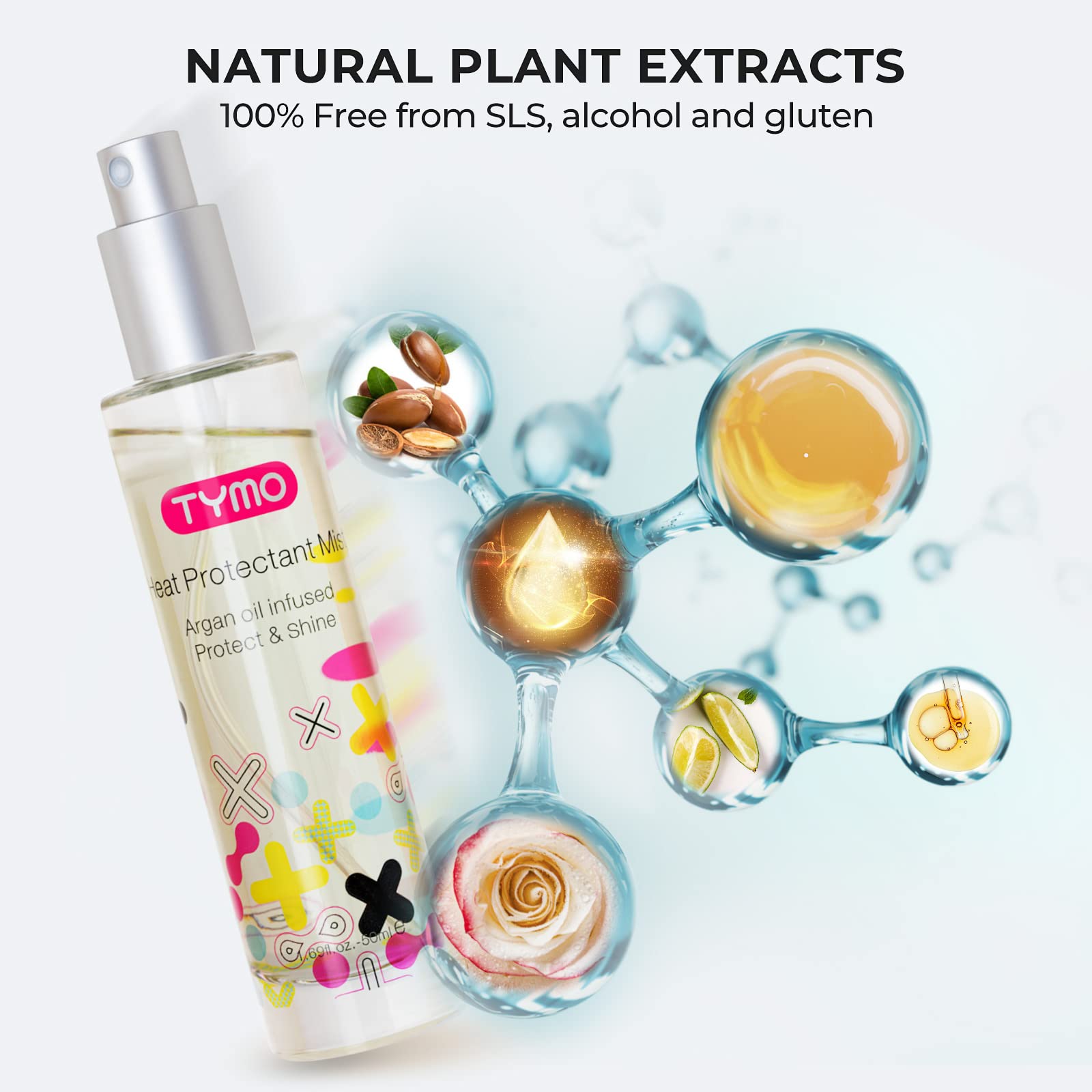 TYMO argan oil leave-in conditioner being applied to hair.