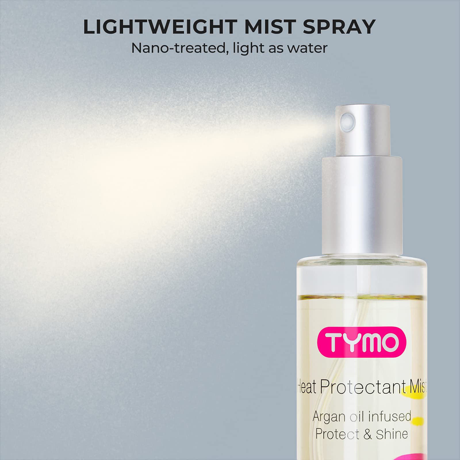 TYMO glass bottle on vanity with styling tools nearby.