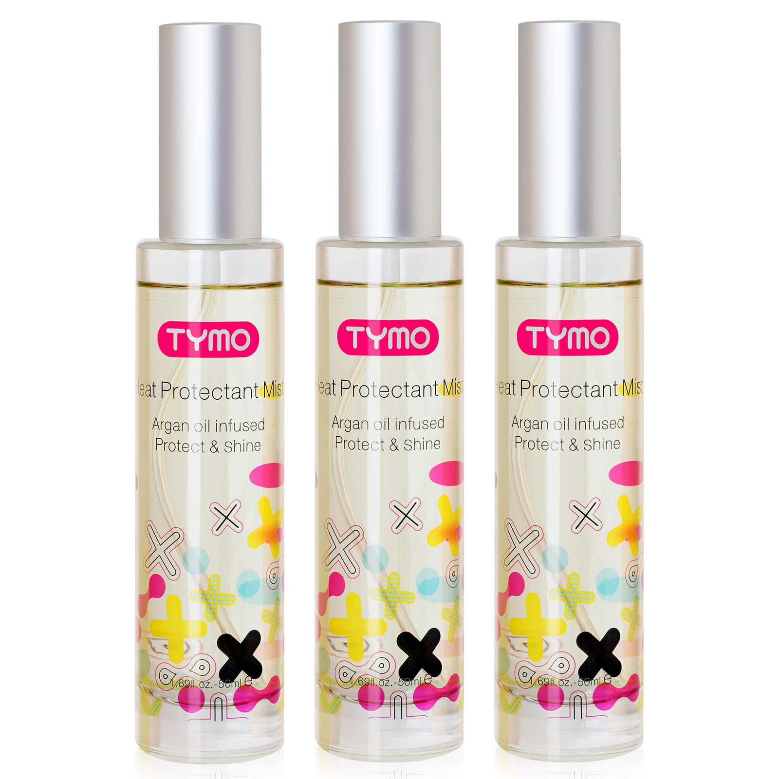 TYMO heat protectant argan bottle helps shield hair during styling