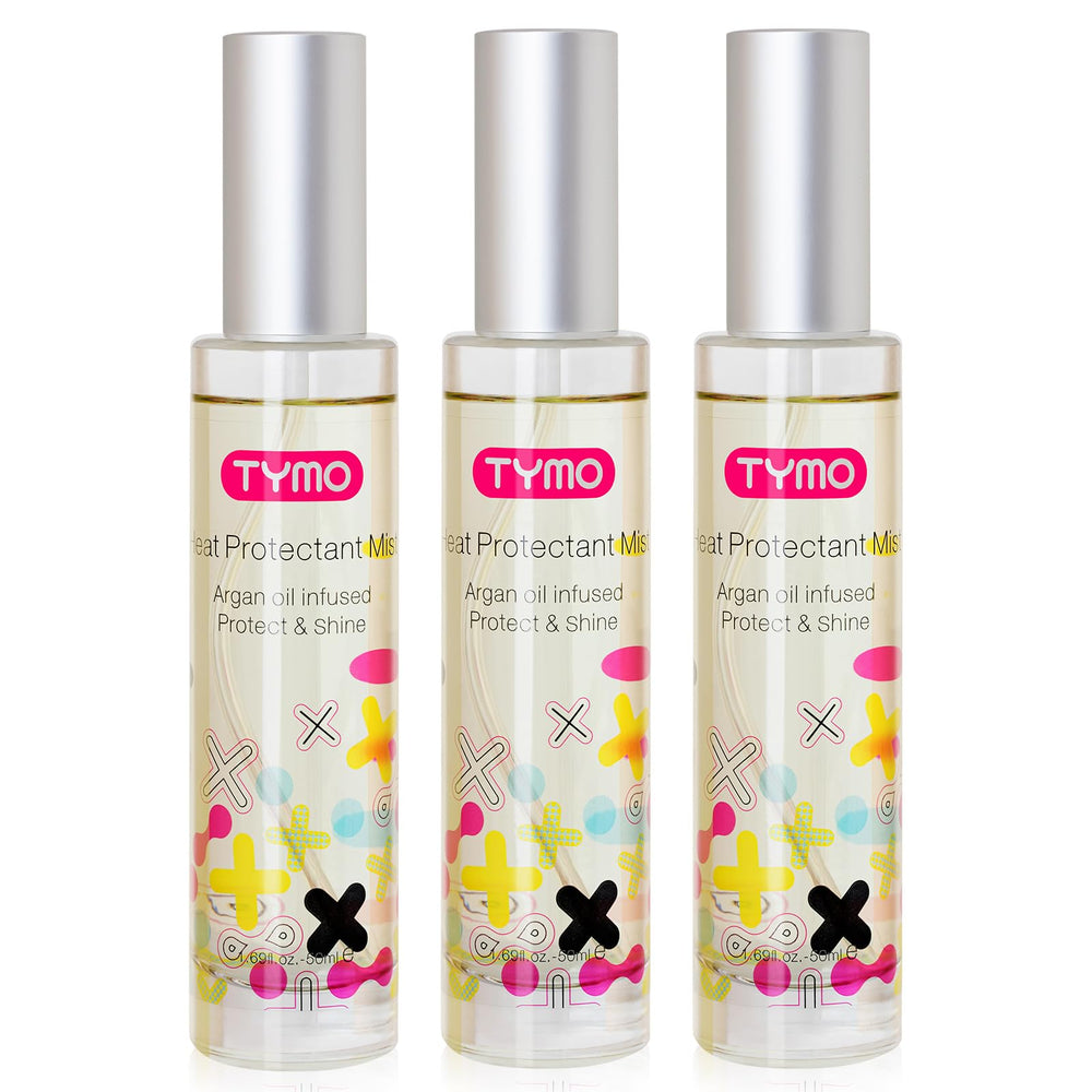 TYMO heat protectant argan bottle helps shield hair during styling