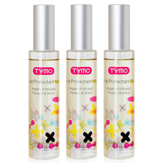 TYMO heat protectant argan bottle helps shield hair during styling