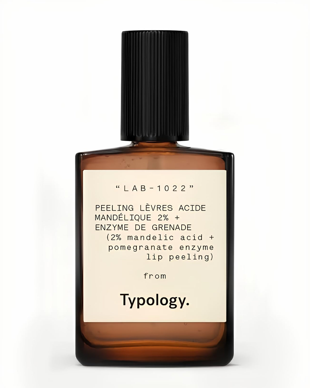 Typology Resurfacing Lip Peel bottle closeup for gentle exfoliation and smooth lips.