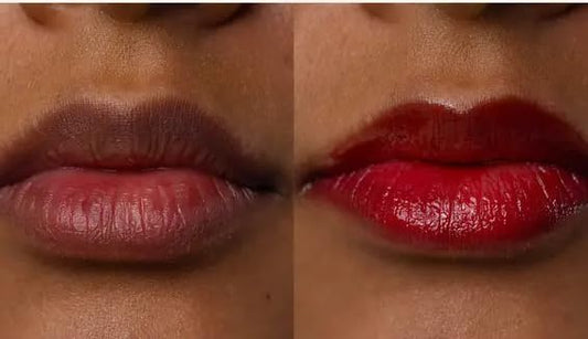 Typology Ruby Red lip oil swatch with rich, vibrant color.
