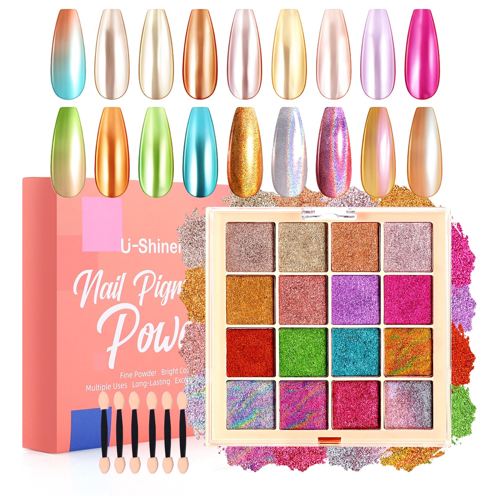 U-Shinein chrome nail powder palette with 16 colors for vibrant gel nail art.