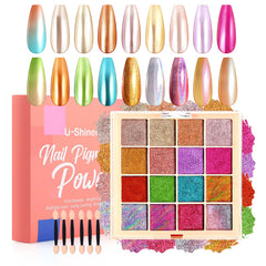 U-Shinein chrome nail powder palette with 16 colors for vibrant gel nail art.