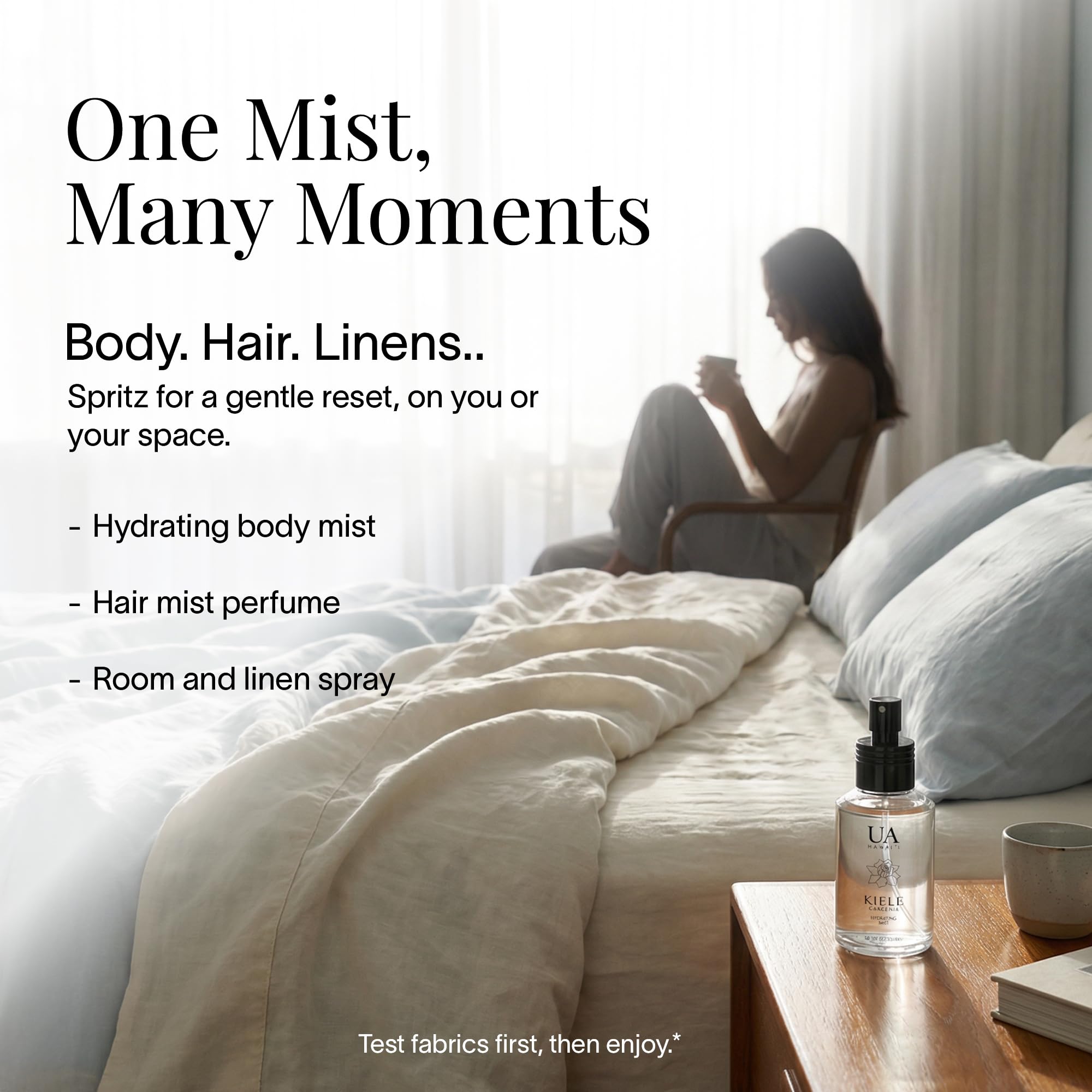 Ua Body Kiele Gardenia body mist on skin for a breathable, island-ready aura.