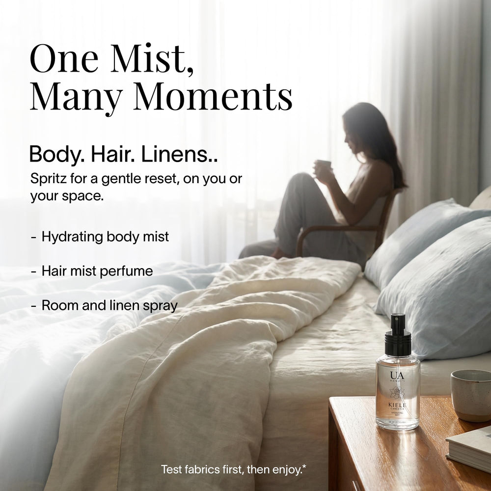 Ua Body Kiele Gardenia body mist on skin for a breathable, island-ready aura.