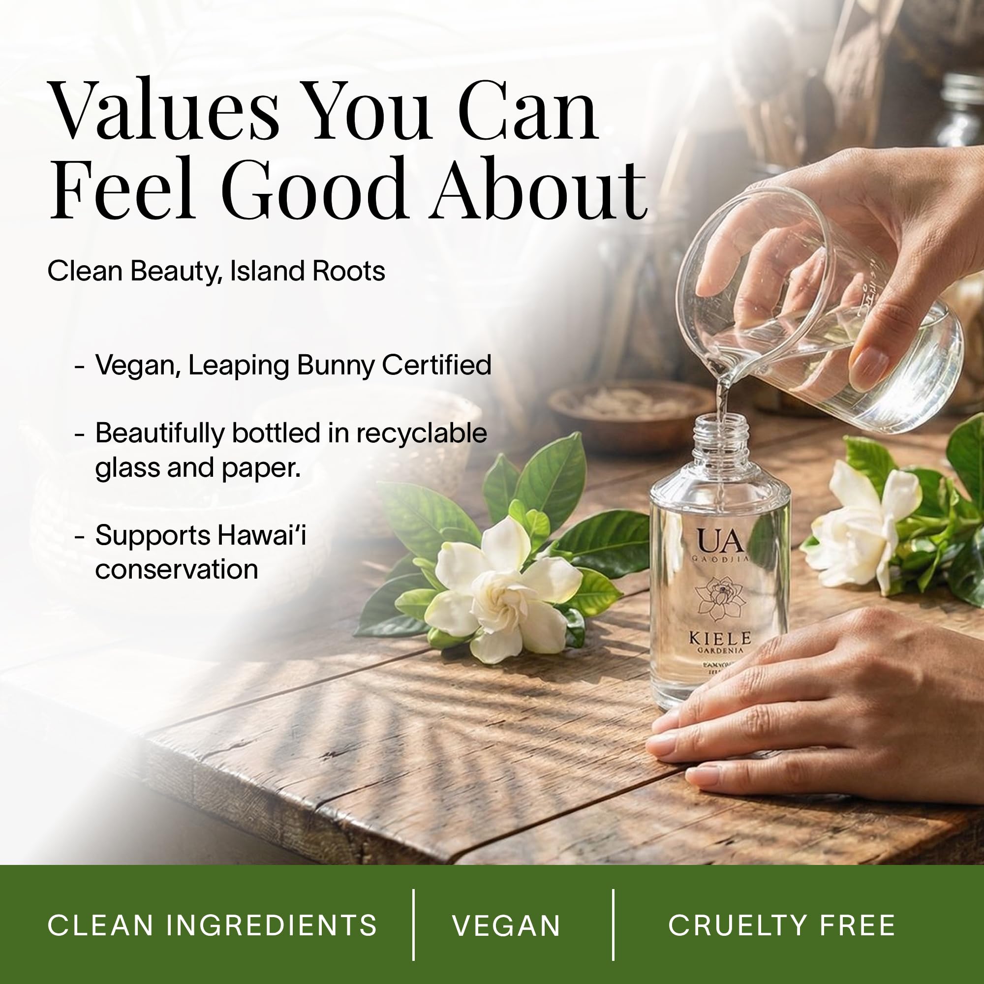 Ua Body Kiele Gardenia glass packaging highlights a clean, eco-friendly formula.