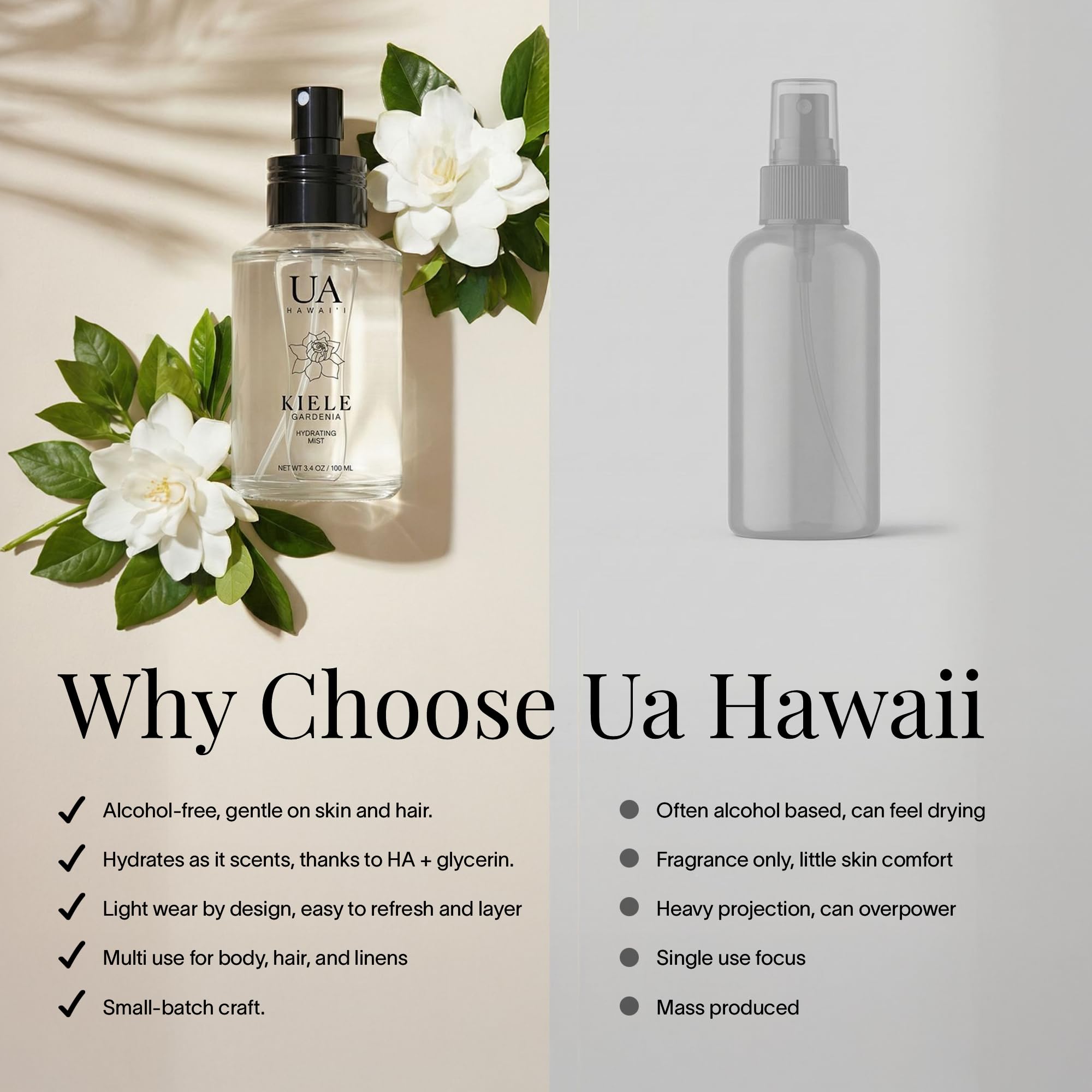 Ua Body Kiele Gardenia hair mist spray for subtle shine and refreshed strands.