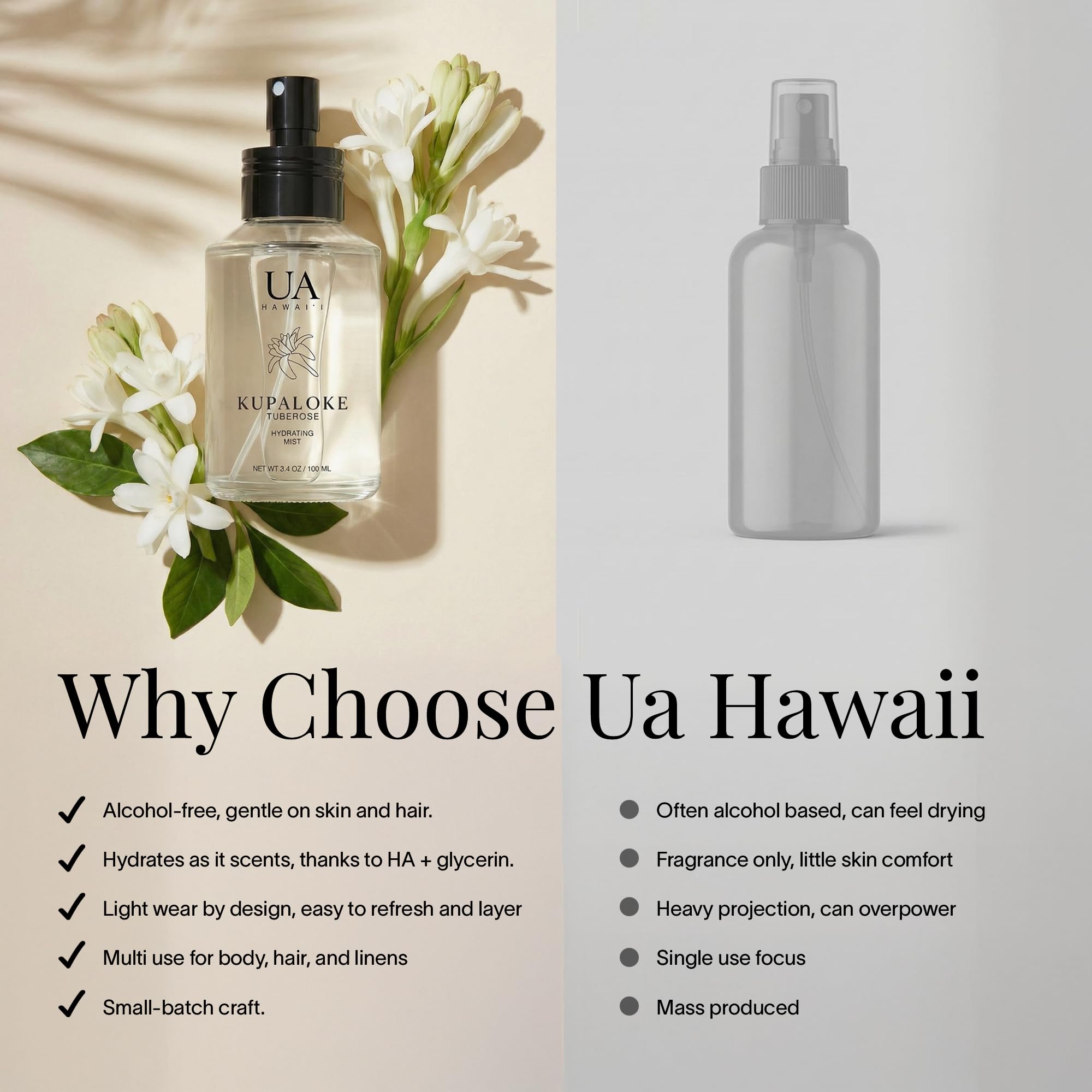 Ua Body Kupaloke Tuberose Mist on skin delivers gentle hydration and a breathable veil.