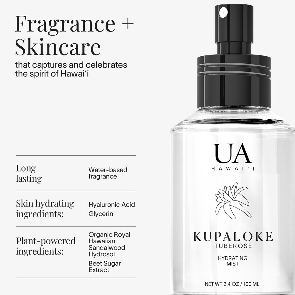Ua Body Kupaloke Tuberose Mist spritz on hair for a fresh, non-sticky shine.