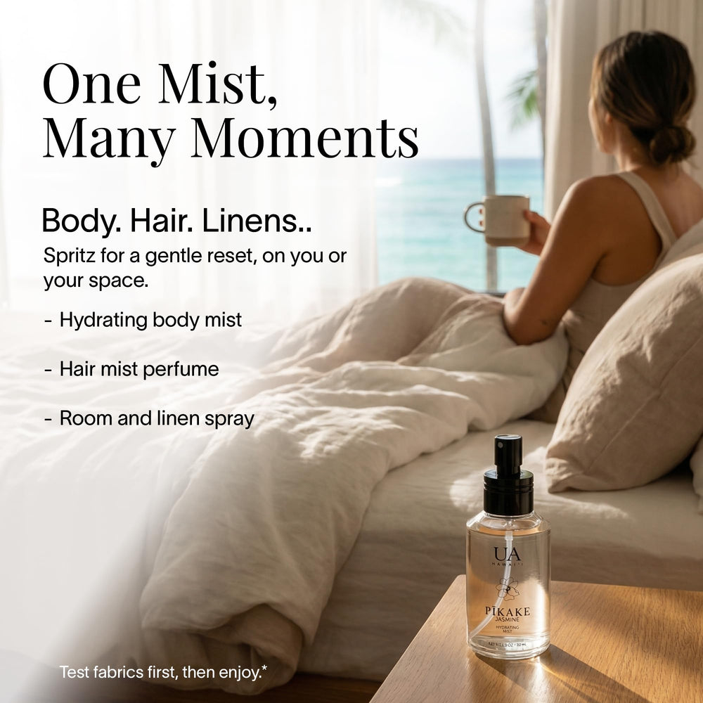Ua Body Pikake body mist application demonstrates easy layering with lotion for longer wear.