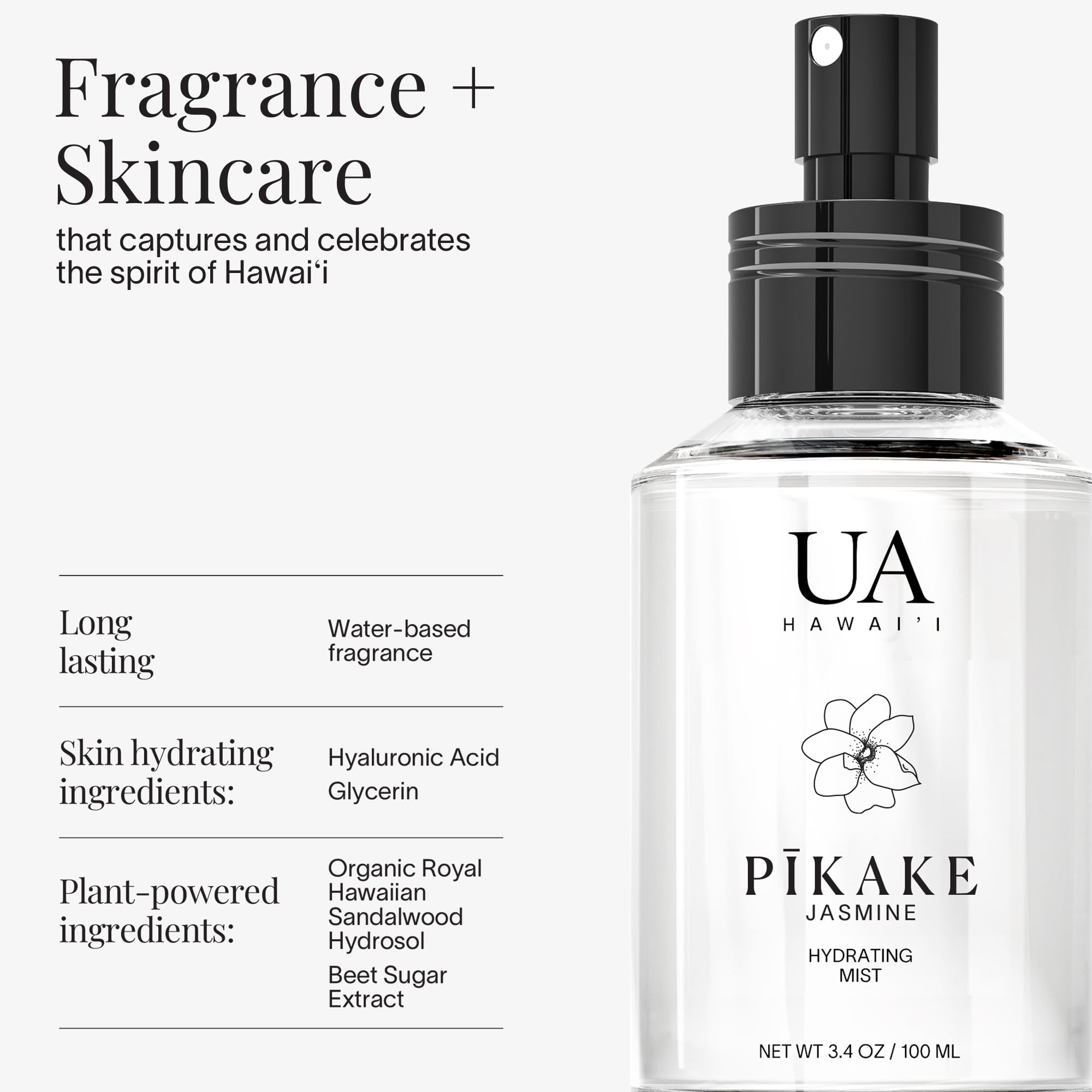 Ua Body Pikake hair mist spray highlights a refreshing scent for quick refresh.