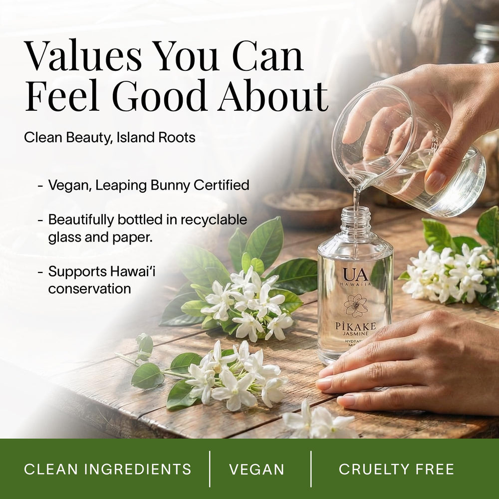 Ua Body Pikake vegan cruelty free stamp communicates ethical skincare.