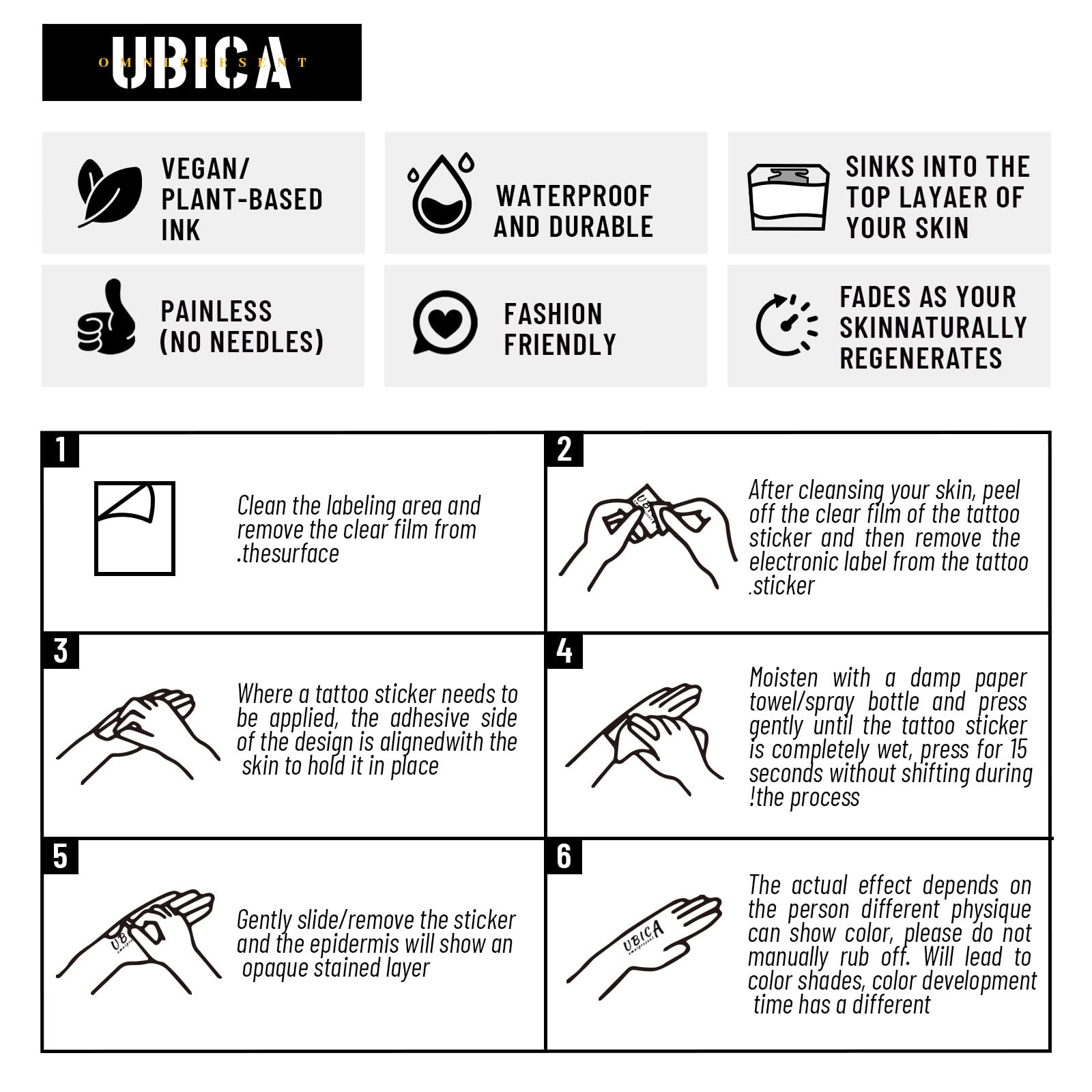 UBICA fashion accessory tattoo sticker adds versatile decoration for events.