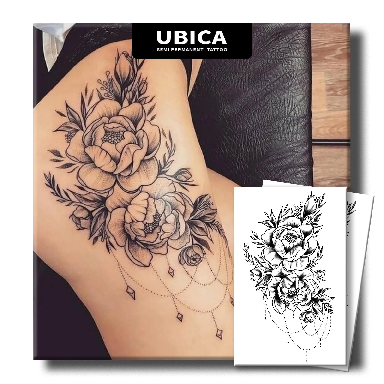 UBICA flower-design tattoo on large sheets for versatile body art.