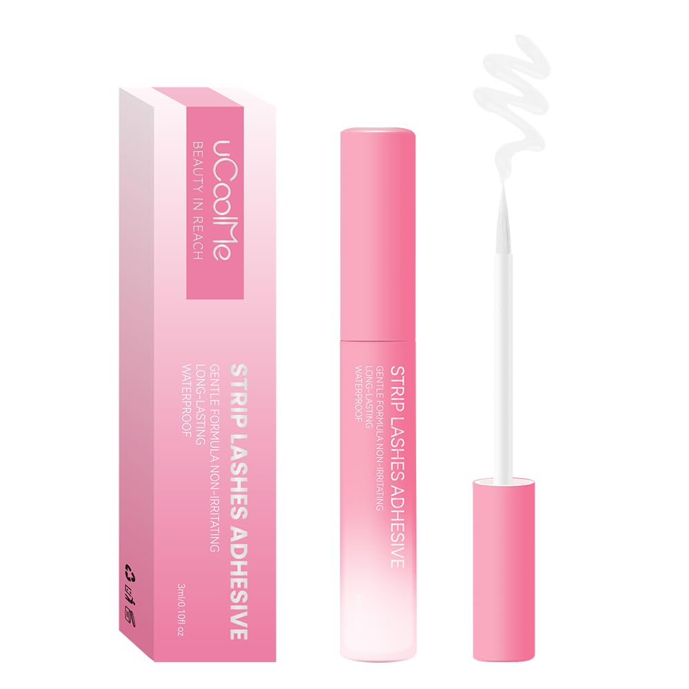 UcoolMe lash glue with white cap demonstrates secure strip lash bonding for all-day wear.