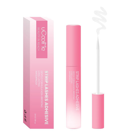 UcoolMe lash glue with white cap demonstrates secure strip lash bonding for all-day wear.