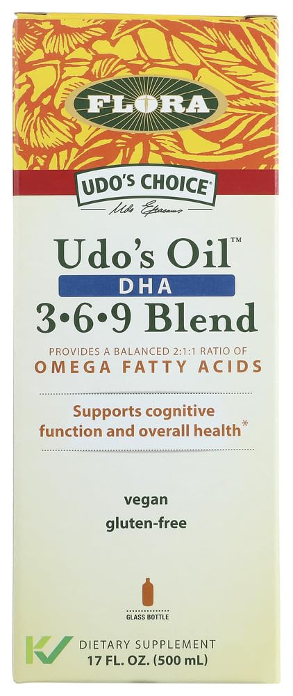 Udo's Choice DHA Oil Blend bottle front with golden oil, supports heart health and mental sharpness
