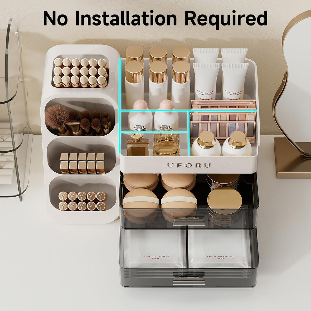 UFORU cosmetic display case with drawers stores perfumes and palettes within easy reach.