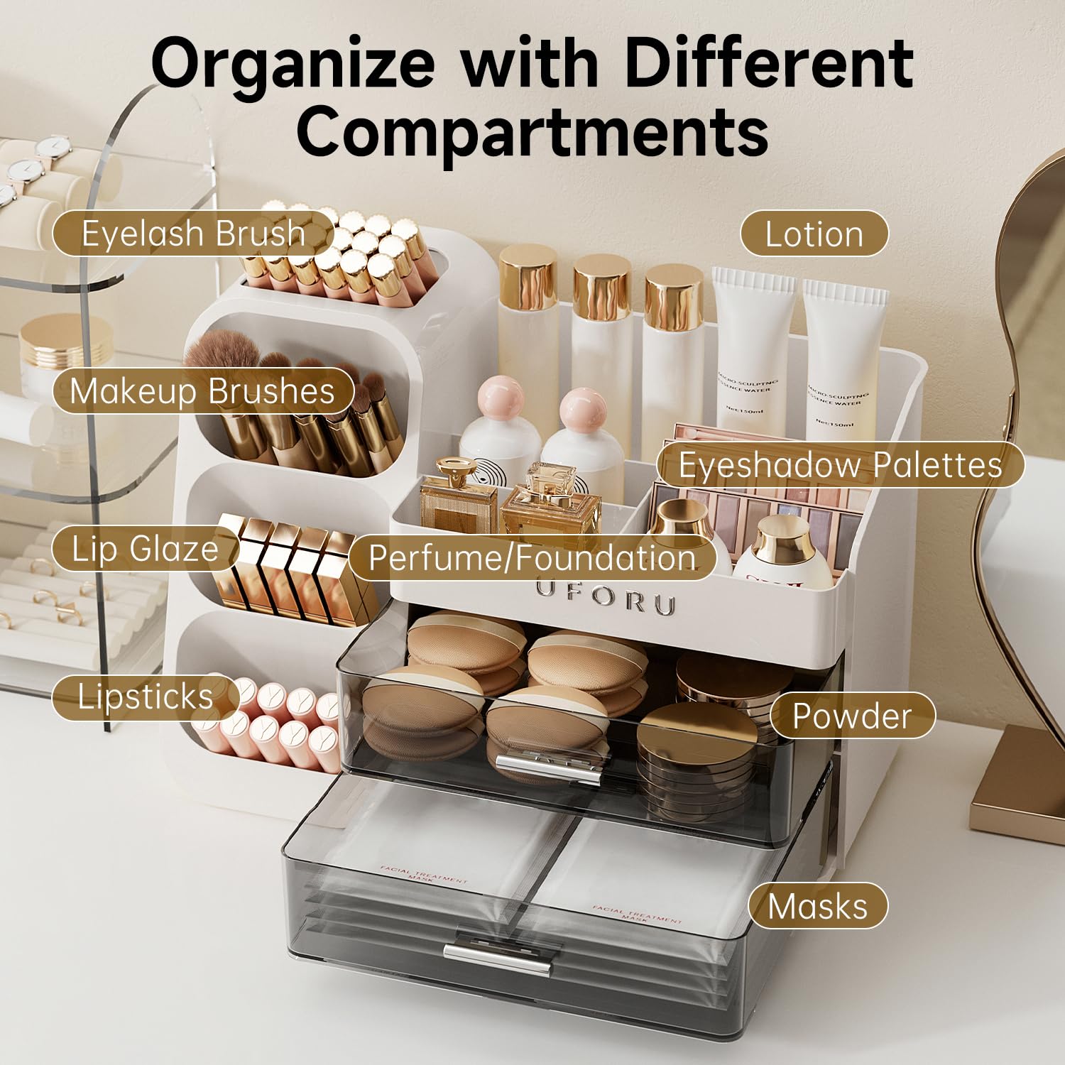 UFORU open-design organizer provides fast access to skincare and makeup items.