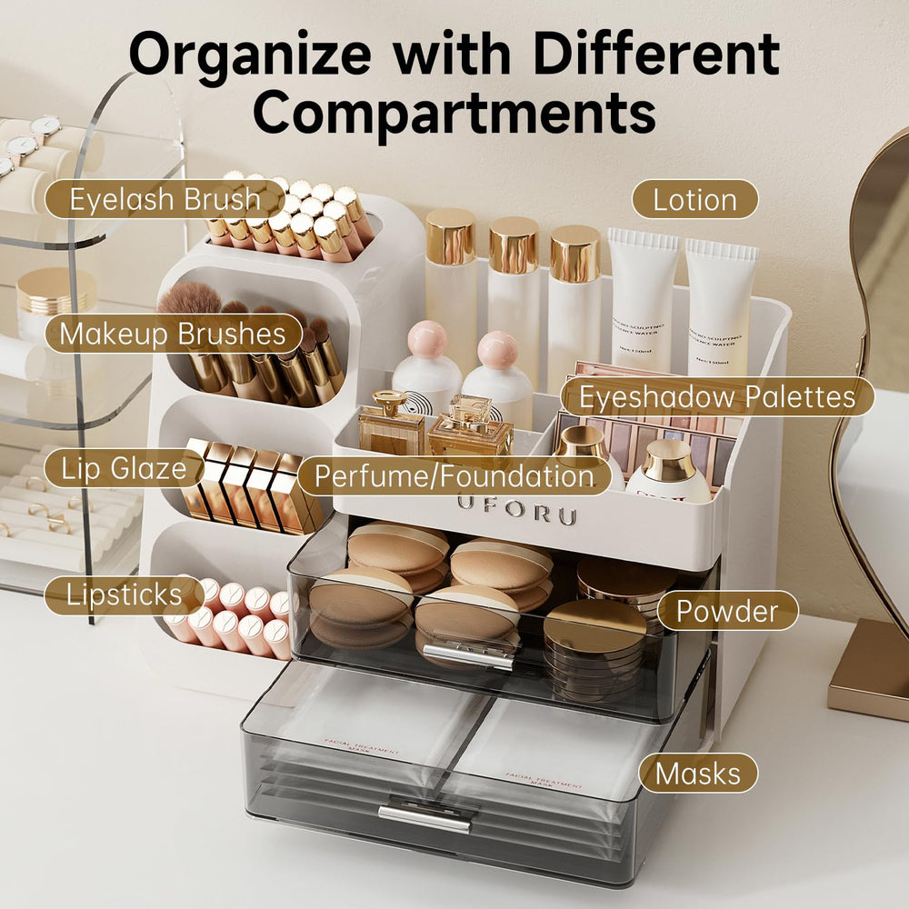 UFORU open-design organizer provides fast access to skincare and makeup items.