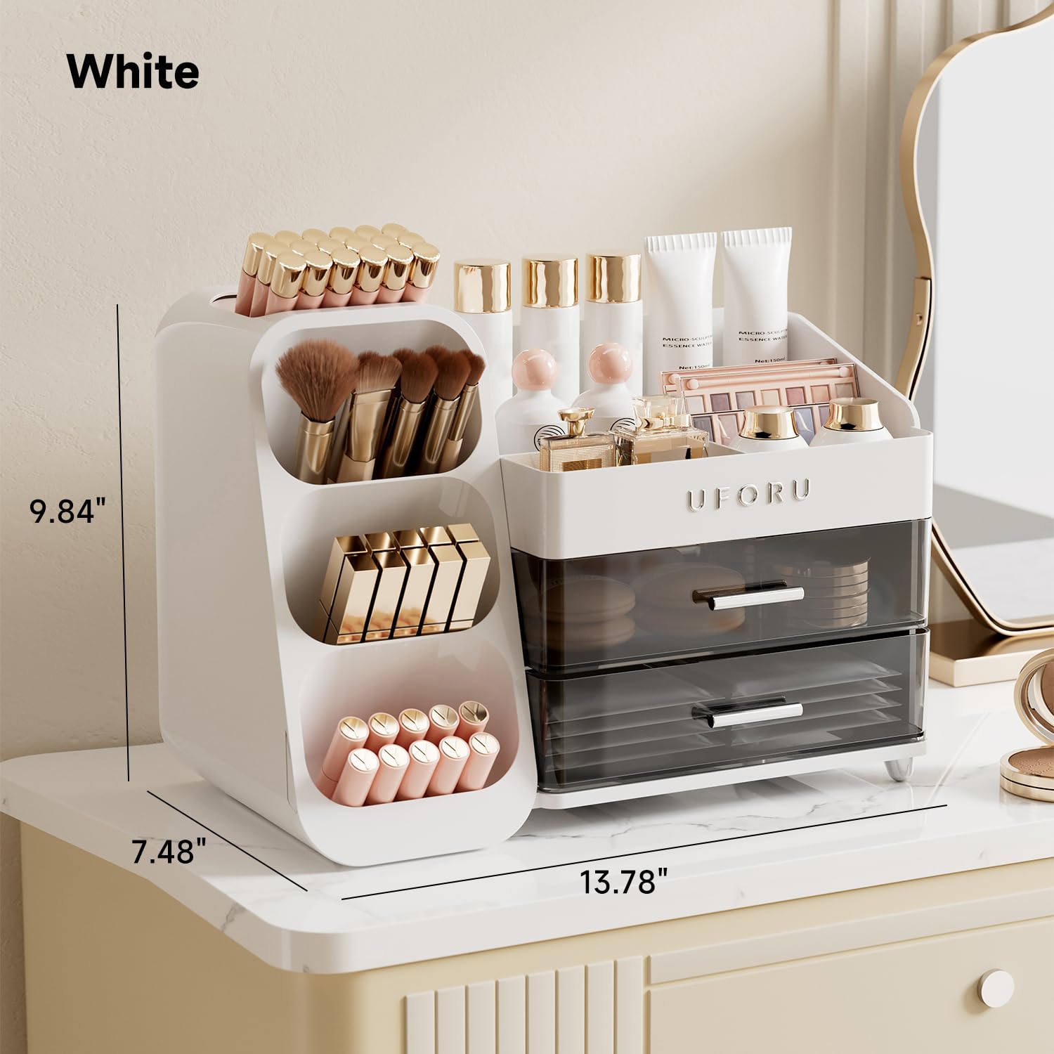 UFORU vanity storage fits on counters to reduce clutter and improve access.
