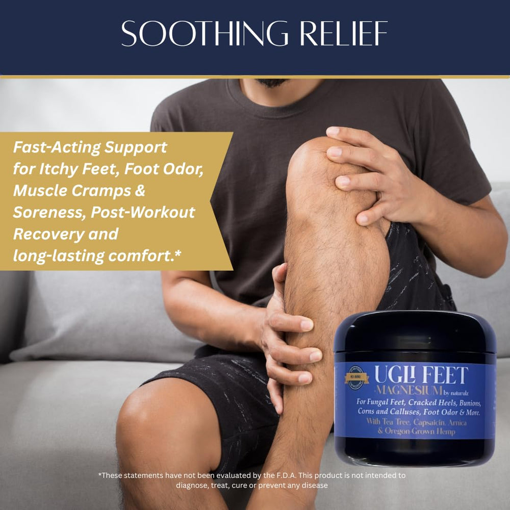 Ugli Feet Tea Tree oil close-up highlights natural ingredients and refreshing scent.