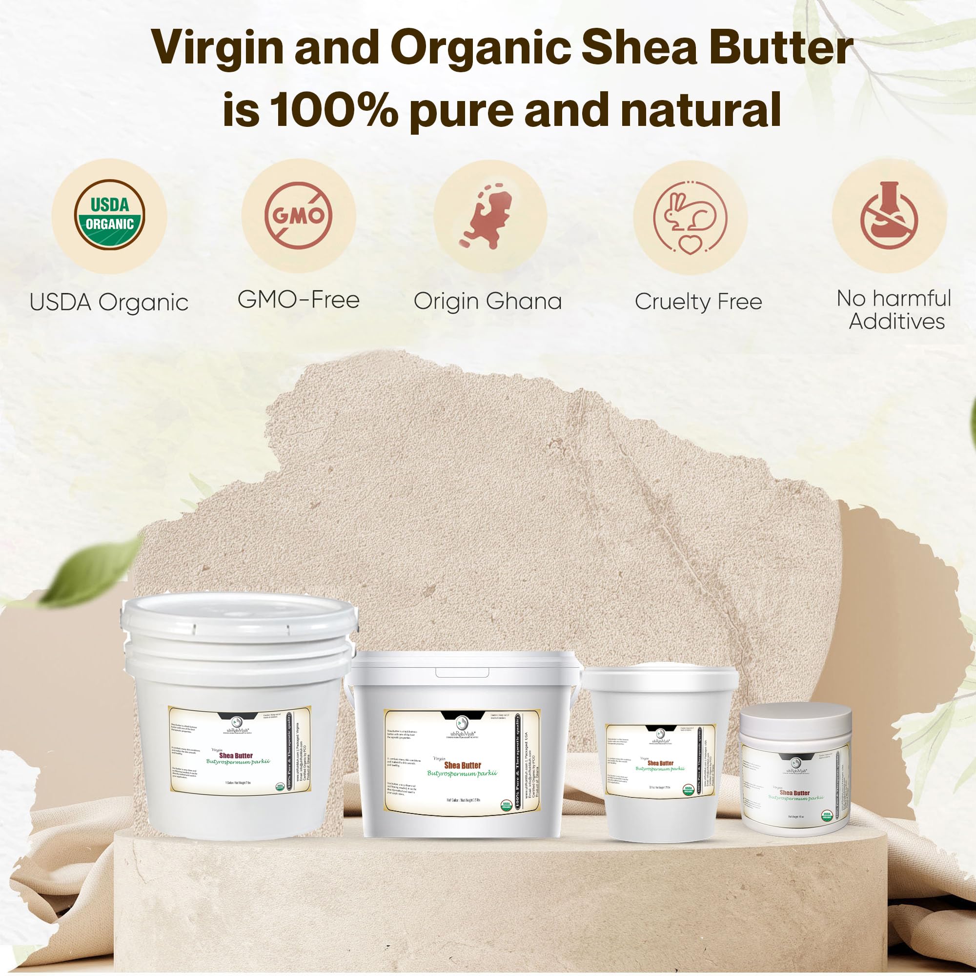 uhroh-muh virgin shea butter being applied for softness