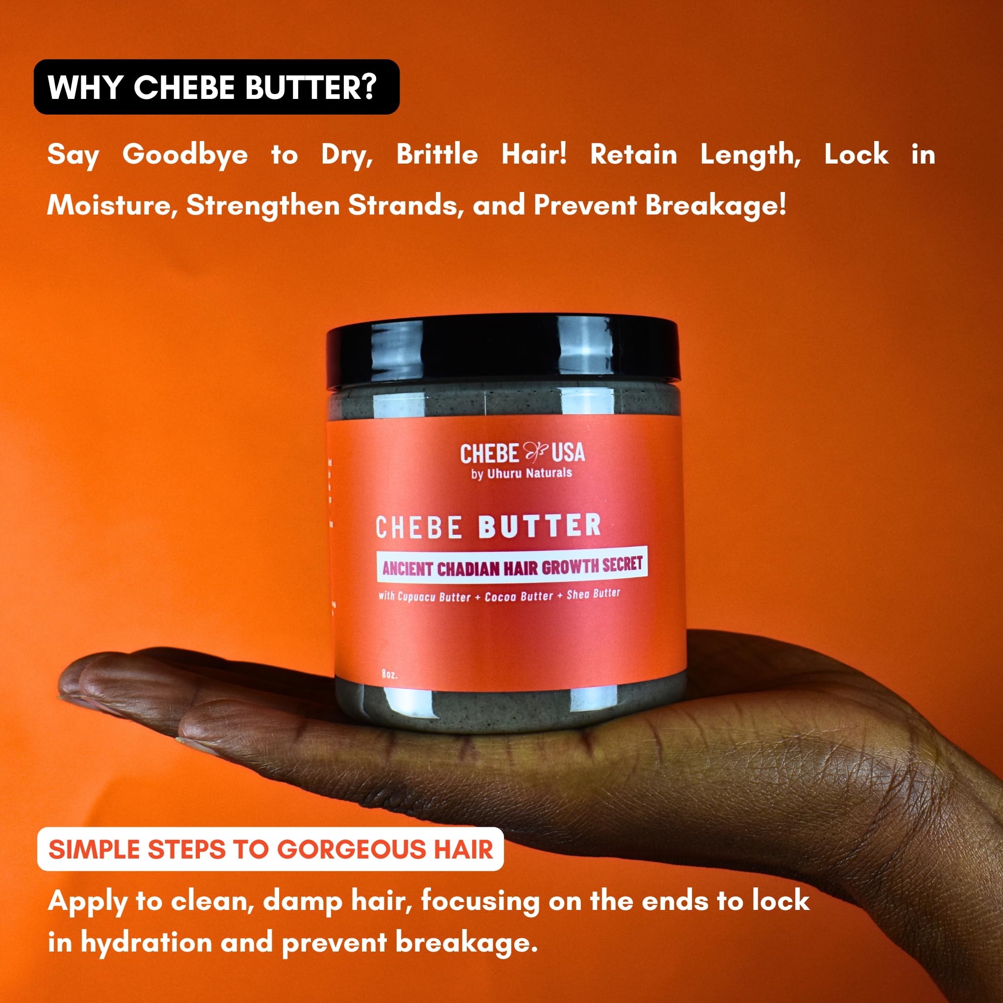 Uhuru Naturals ChadianChebe Butter being applied to hair for detangling.