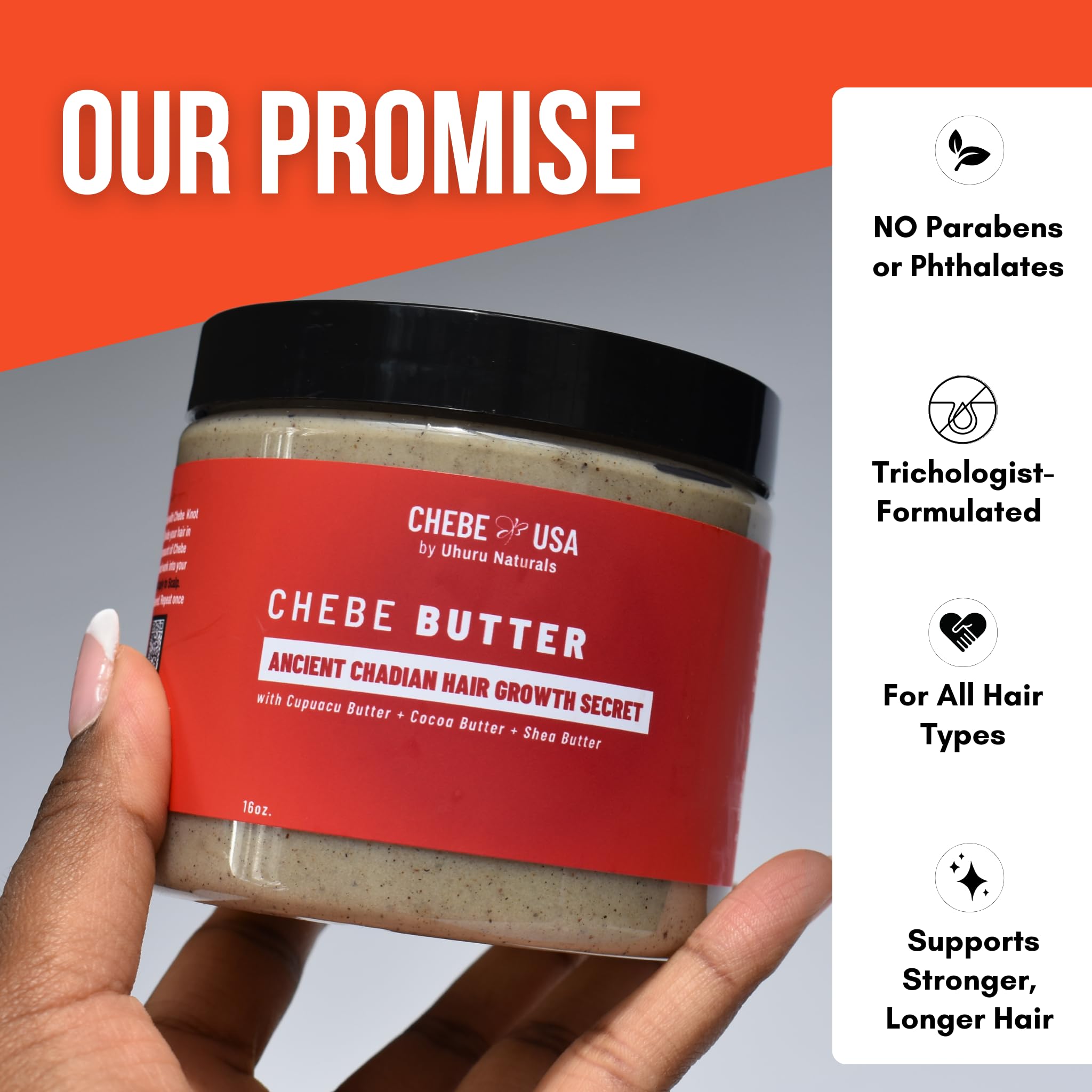 Uhuru Naturals ChadianChebe Butter used in daily hair routine.