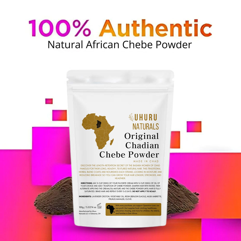 Uhuru Naturals ChadianChebe powder label detail and branding.