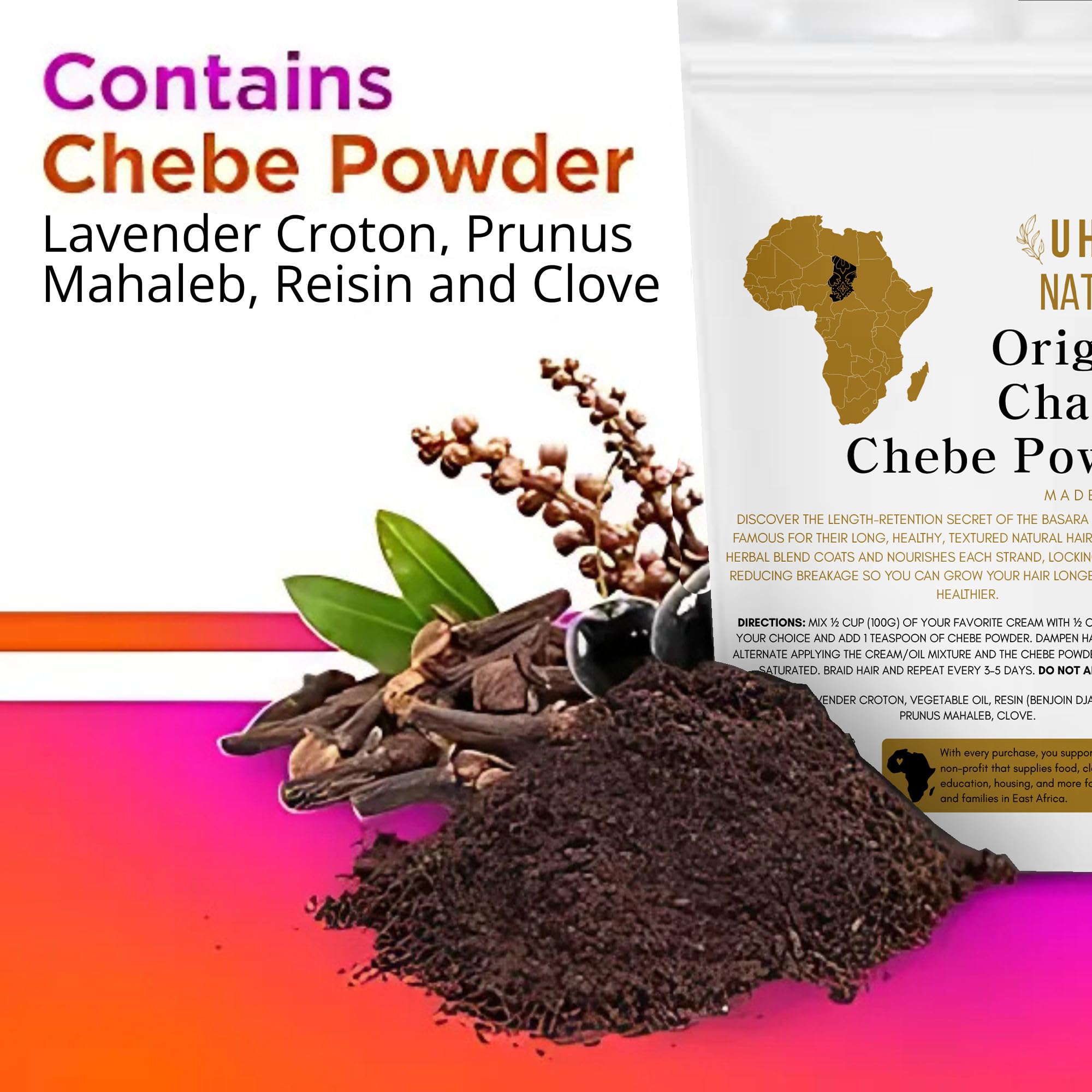 Uhuru Naturals ChadianChebe Powder on hair strands close-up texture.
