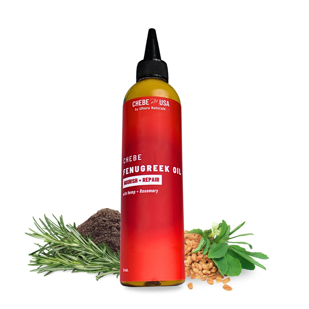 Uhuru Naturals Chebe Hair Fenugreek Oil bottle for scalp nourishment and moisture