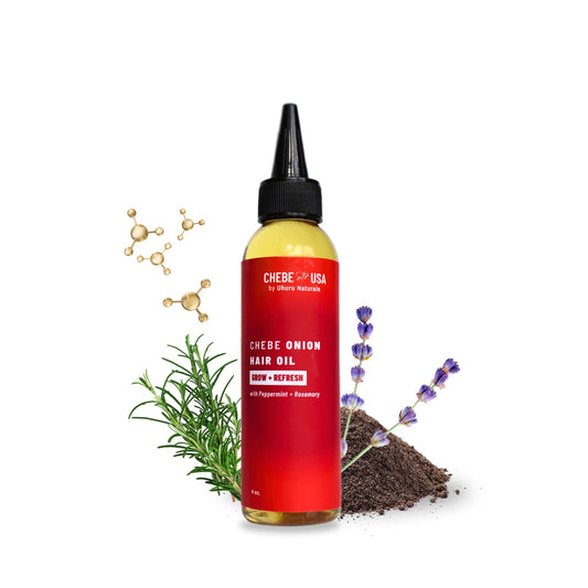 Uhuru Naturals Chebe Hair Oil with Onion Oil 4oz for daily moisture and potential breakage reduction.