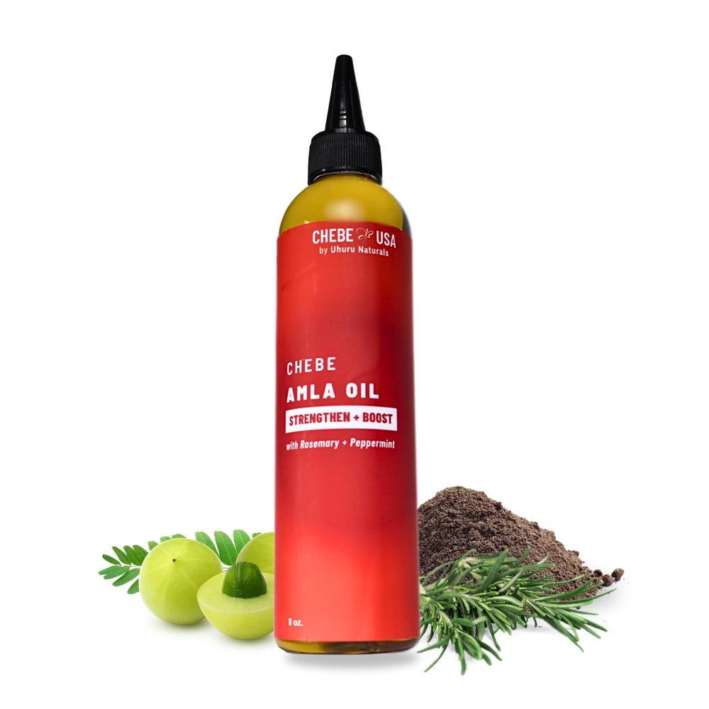 Uhuru Naturals Original Chebe Amla Oil bottle for deep moisturization and scalp nourishment.