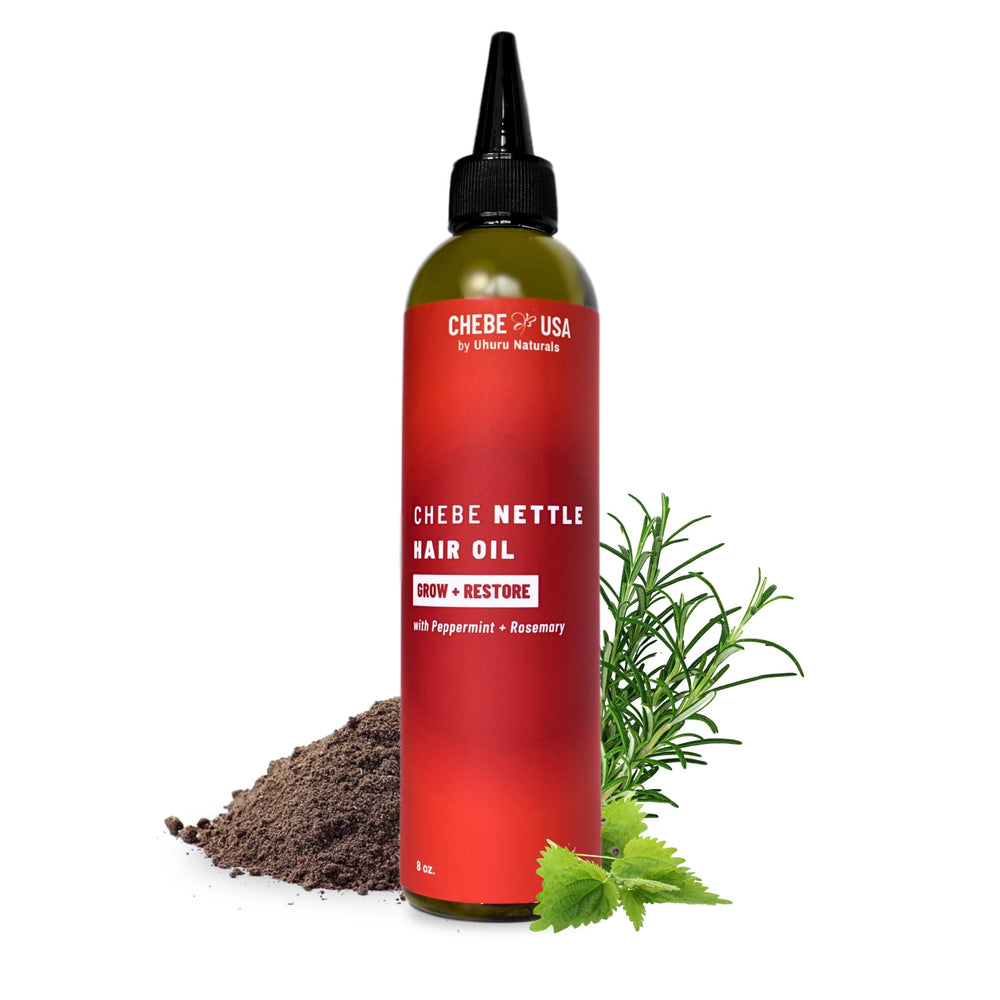 Uhuru Naturals Original Chebe Oil with Nettle bottle nourishes hair with moisture