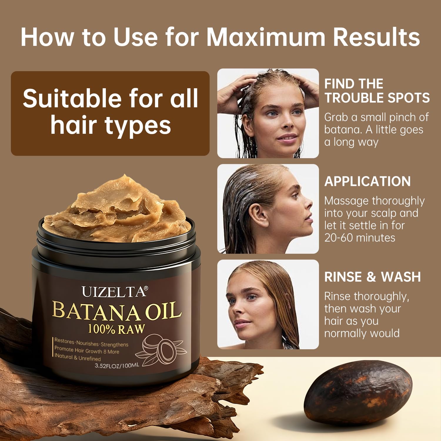 UIZELTA Batana Oil application on scalp for daily care.