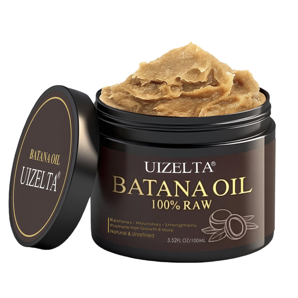 UIZELTA Batana Oil bottle close-up, pure formula for nourished hair.