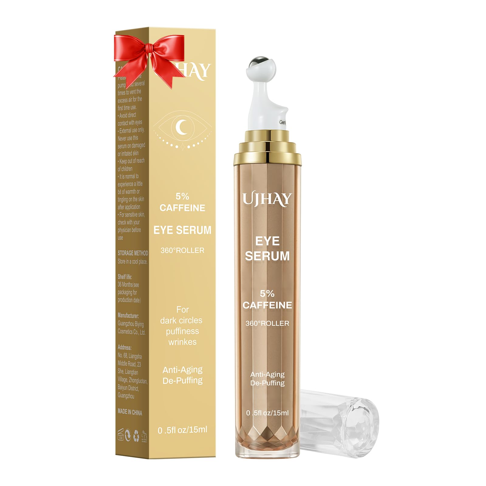 UJHAY 5% caffeine eye cream bottle highlighting hydration and absorption.