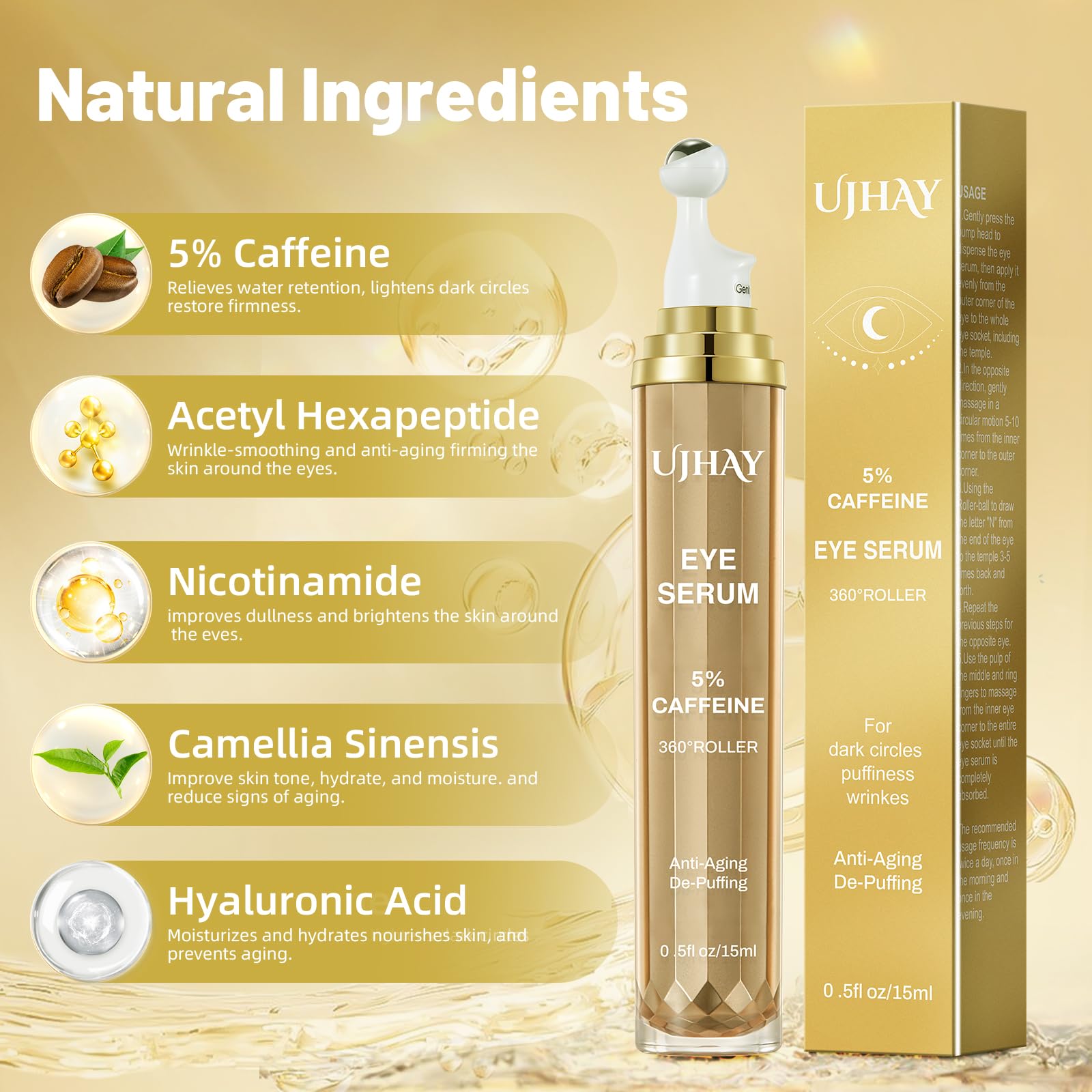 Close-up of UJHAY serum drops ready for under-eye application.